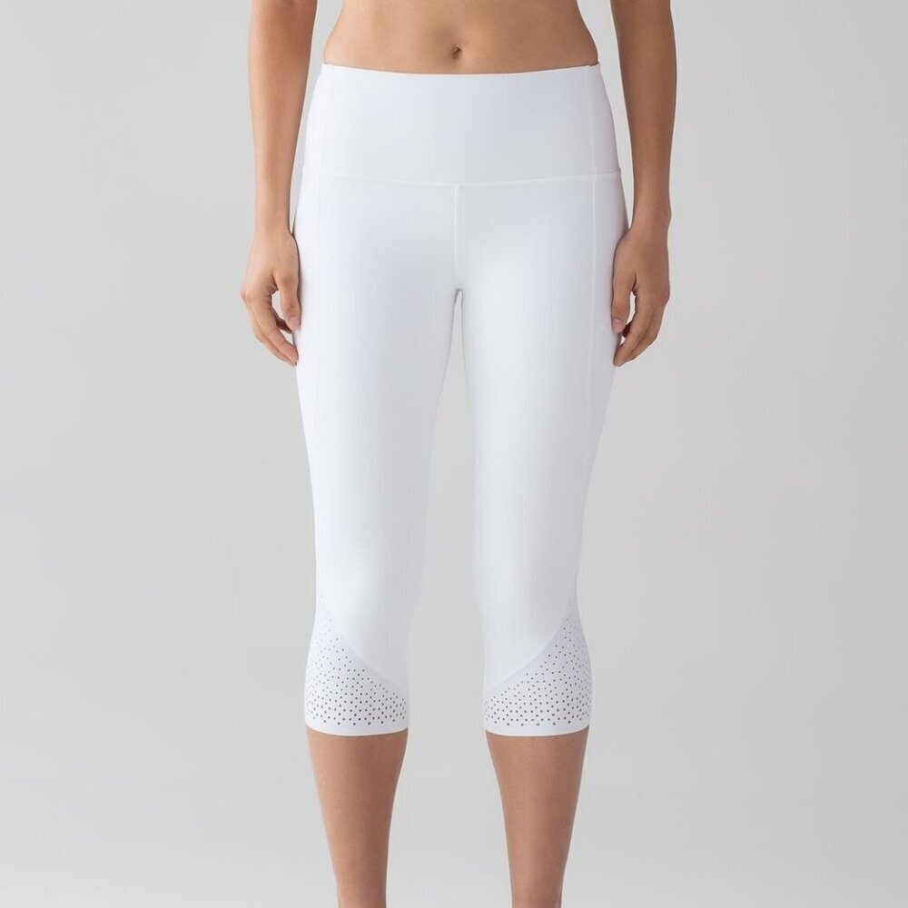 Lululemon Anew Crop Hi-Waist‎ White Laser Cut Perforated Crop Leggings Womens 8